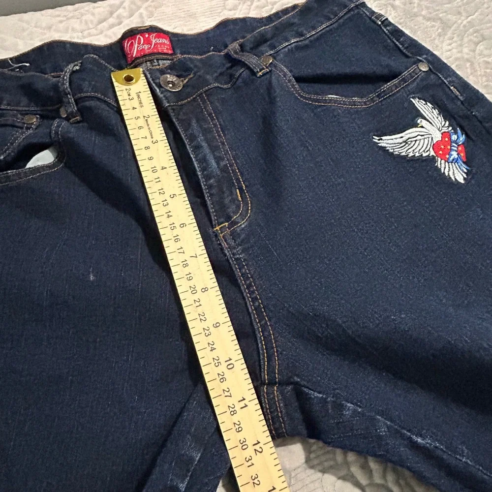 Paco Jeans Mens Dark Wash Embroidered Dove Heart Streetwear Straight Leg Jeans